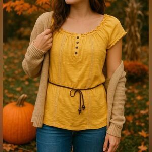 F.A.N.G. Mustard Yellow Boho Peasant Top L | Lace Trim & Bead Tie Accent